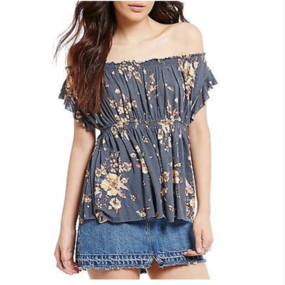 WE THE FREE BLUE FLORAL SAM OFF THE SHOULDER TOP